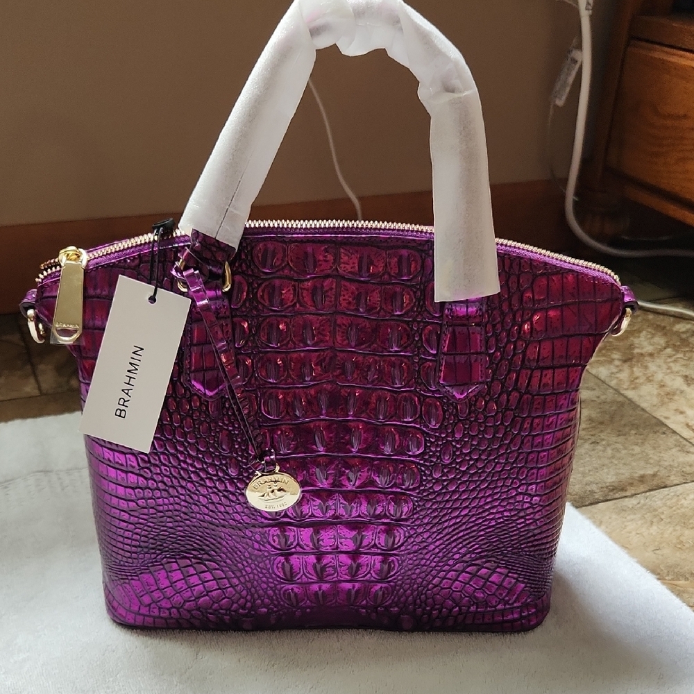 Brahmin Radiant Purple Croc-Embossed Satchel